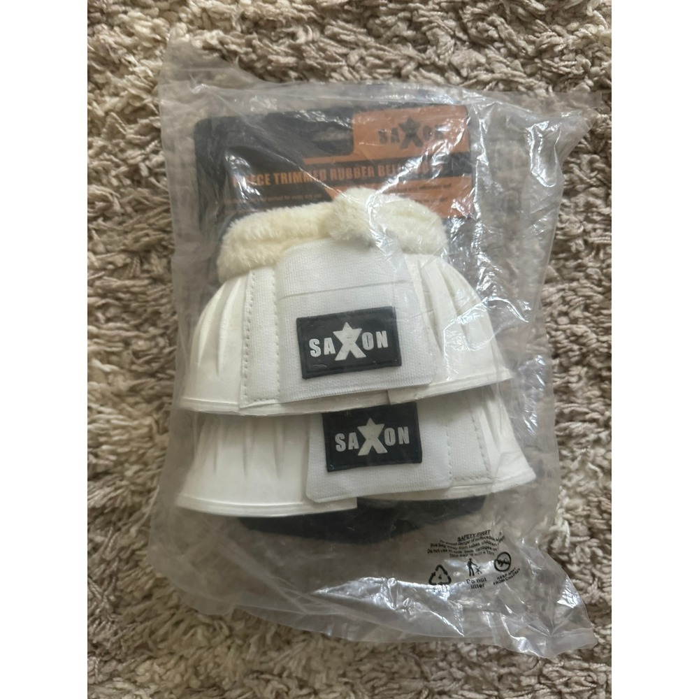 Saxon Fleece Trimmed Rubber Bell Boots White Full Size Horse Hoof Protection